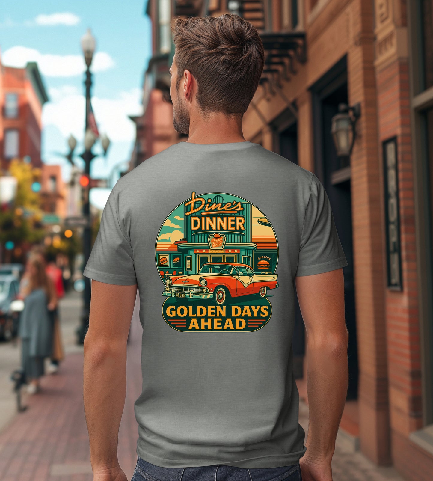 Golden Days Ahead Retro Diner T-Shirt, Vintage 50s Classic Car Graphic Tee, American Dinner Drive-In Style, Bella Canvas 3001 Unisex Shirt