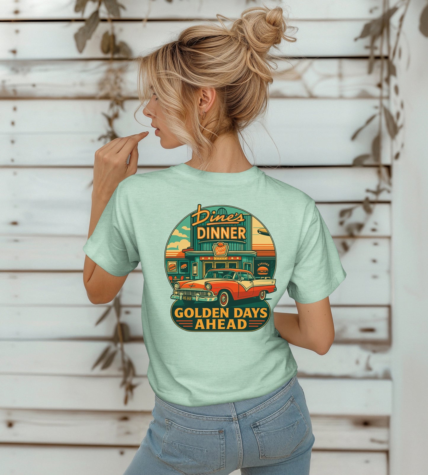 Golden Days Ahead Retro Diner T-Shirt, Vintage 50s Classic Car Graphic Tee, American Dinner Drive-In Style, Bella Canvas 3001 Unisex Shirt
