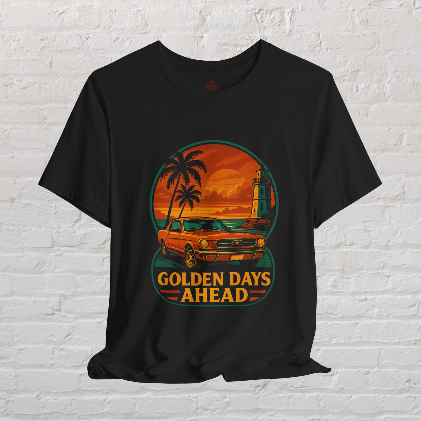 Vintage Classic Car Graphic Tee, Retro Mustang T-Shirt, Golden Days Ahead, Sunset Lighthouse Palm Trees, Unisex Jersey Short Sleeve Tee,