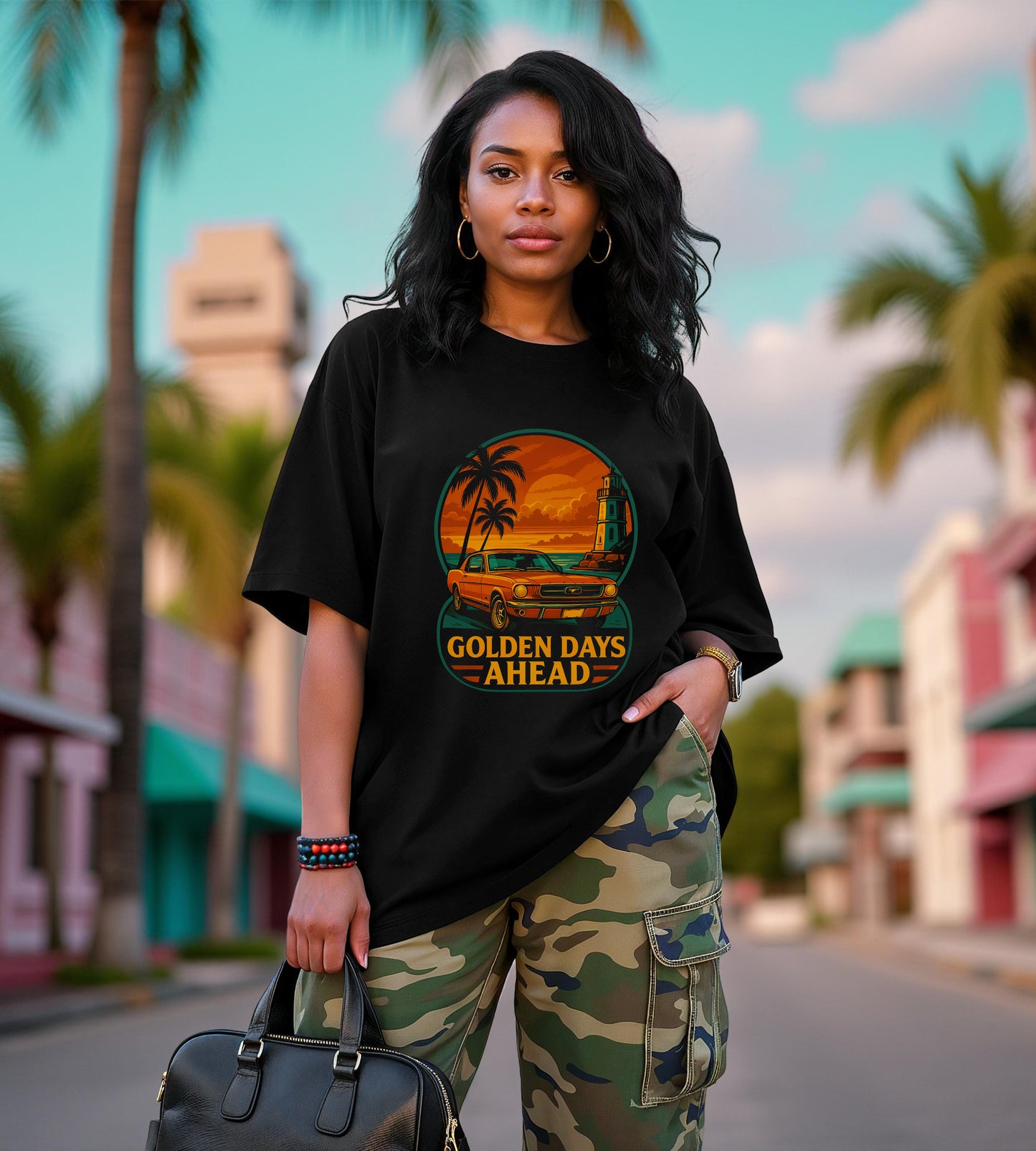 Vintage Classic Car Graphic Tee, Retro Mustang T-Shirt, Golden Days Ahead, Sunset Lighthouse Palm Trees, Unisex Jersey Short Sleeve Tee,