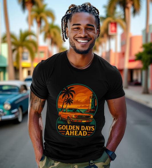 Vintage Classic Car Graphic Tee, Retro Mustang T-Shirt, Golden Days Ahead, Sunset Lighthouse Palm Trees, Unisex Jersey Short Sleeve Tee,