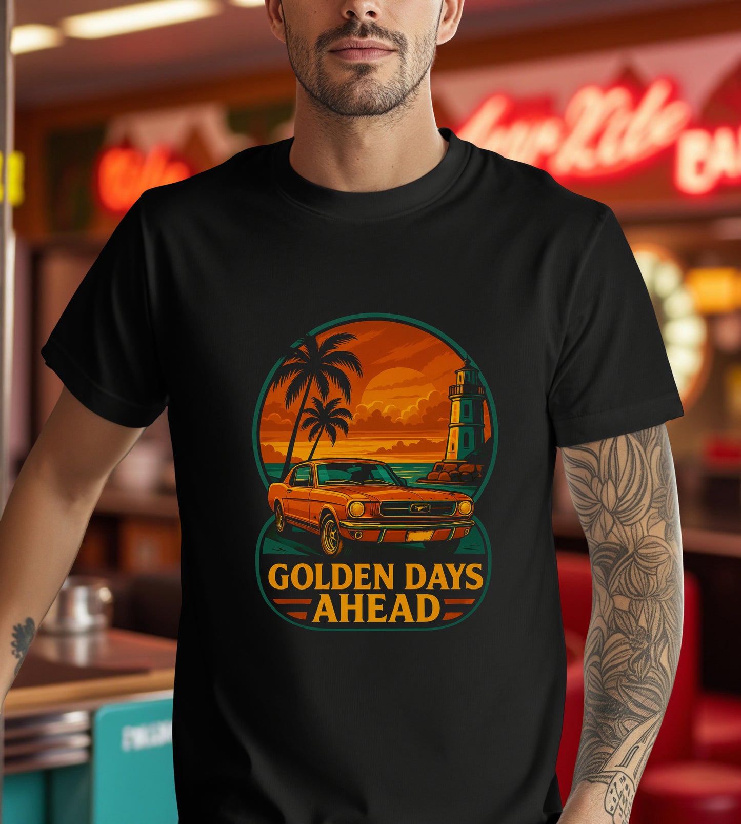 Vintage Classic Car Graphic Tee, Retro Mustang T-Shirt, Golden Days Ahead, Sunset Lighthouse Palm Trees, Unisex Jersey Short Sleeve Tee,
