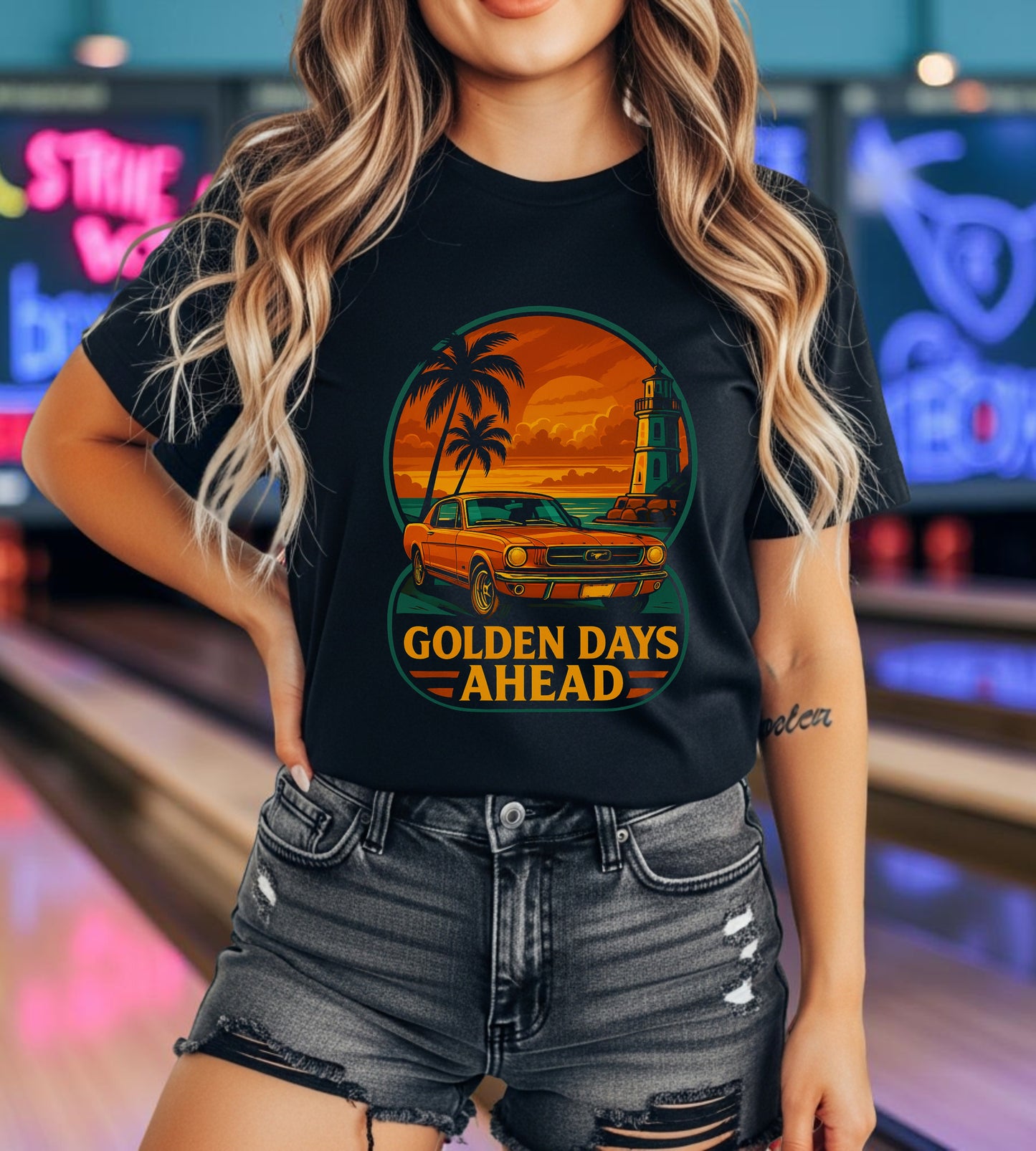 Vintage Classic Car Graphic Tee, Retro Mustang T-Shirt, Golden Days Ahead, Sunset Lighthouse Palm Trees, Unisex Jersey Short Sleeve Tee,