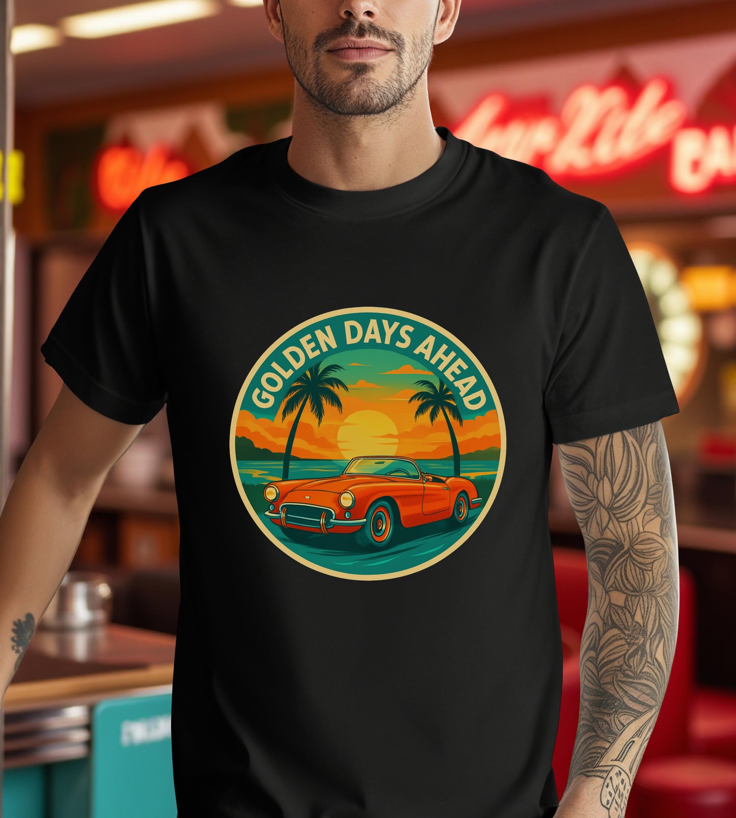 Golden Days Ahead Retro Convertible T-Shirt, Vintage Classic Car Graphic Tee, Sunset Beach Palm Trees - Unisex Jersey Short Sleeve Tee,