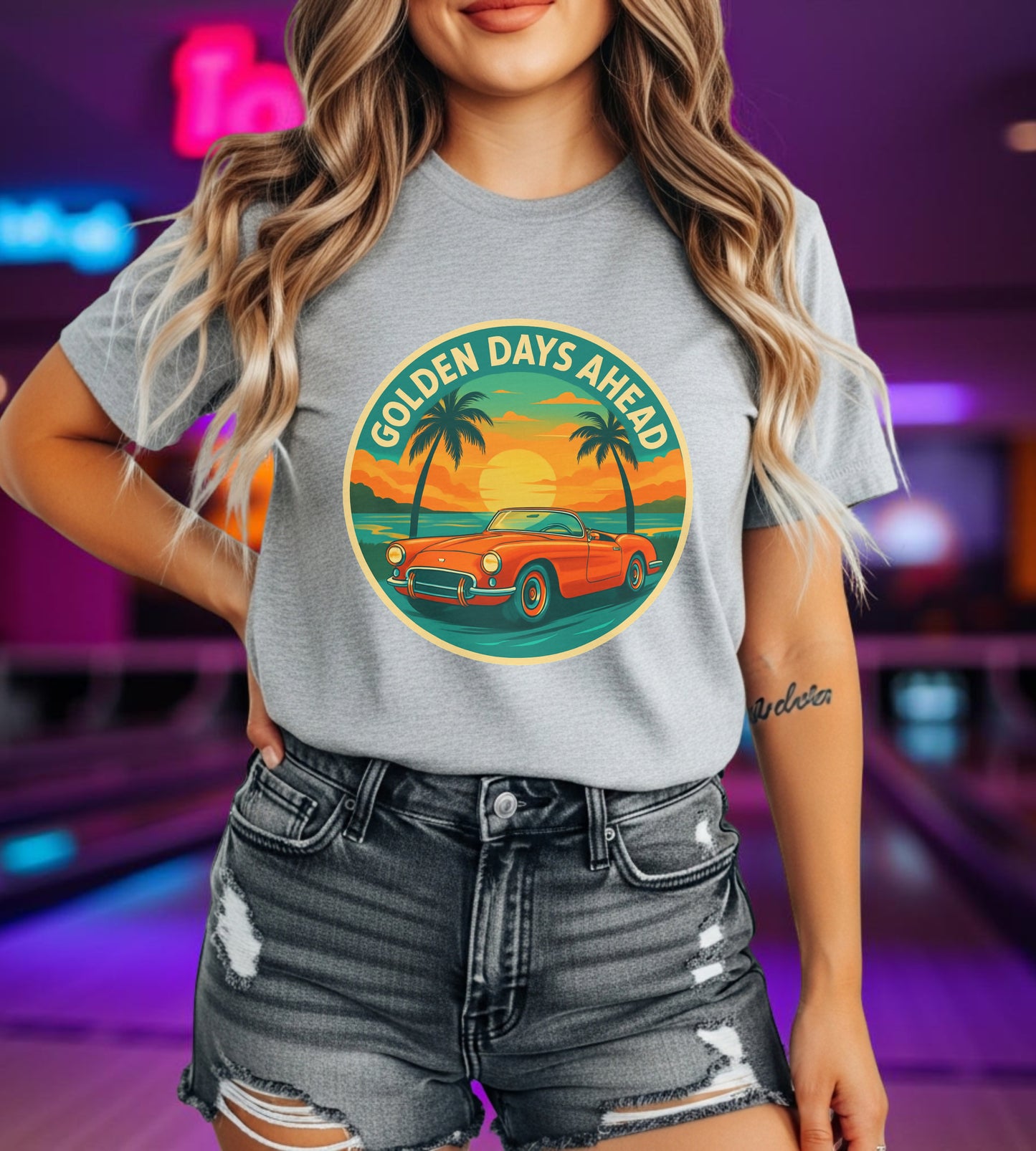 Golden Days Ahead Retro Convertible T-Shirt, Vintage Classic Car Graphic Tee, Sunset Beach Palm Trees - Unisex Jersey Short Sleeve Tee,