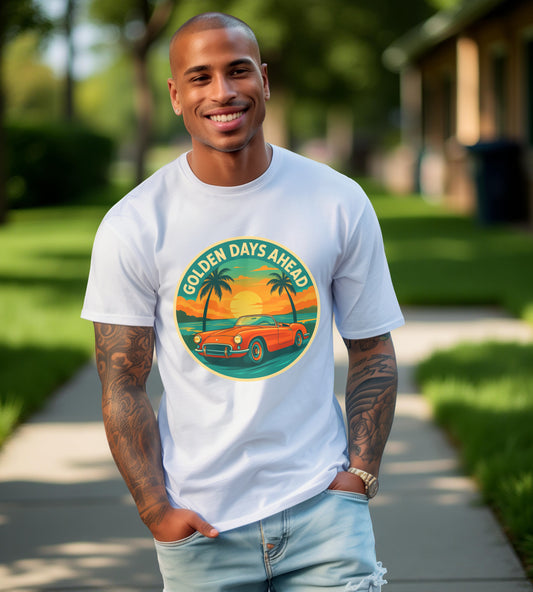 Golden Days Ahead Retro Convertible T-Shirt, Vintage Classic Car Graphic Tee, Sunset Beach Palm Trees - Unisex Jersey Short Sleeve Tee,