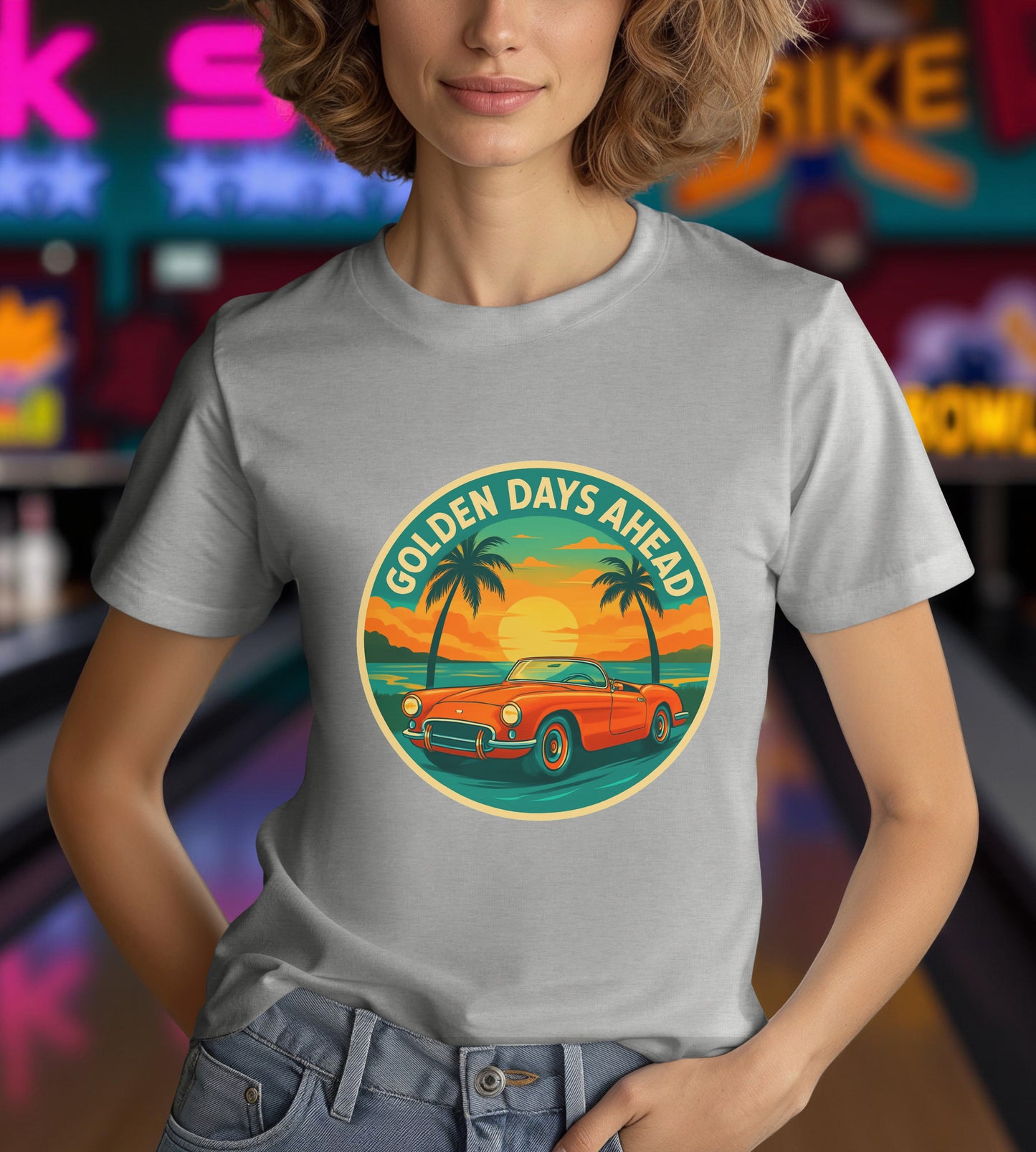 Golden Days Ahead Retro Convertible T-Shirt, Vintage Classic Car Graphic Tee, Sunset Beach Palm Trees - Unisex Jersey Short Sleeve Tee,