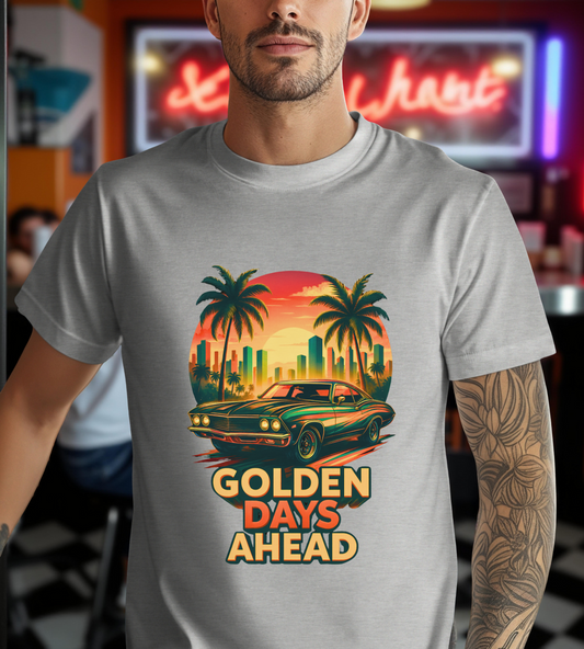Retro Sunset Muscle Car T-Shirt, Vintage Skyline Graphic Tee, Unisex Jersey Tee, Golden Days Ahead Shirt, Bella Canvas 3001