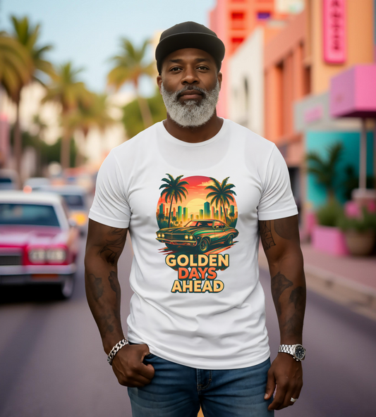Retro Sunset Muscle Car T-Shirt, Vintage Skyline Graphic Tee, Unisex Jersey Tee, Golden Days Ahead Shirt, Bella Canvas 3001
