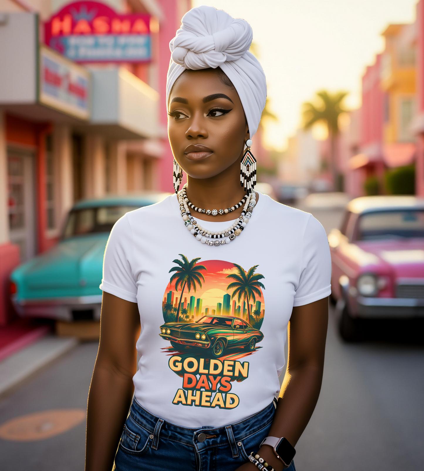 Retro Sunset Muscle Car T-Shirt, Vintage Skyline Graphic Tee, Unisex Jersey Tee, Golden Days Ahead Shirt, Bella Canvas 3001