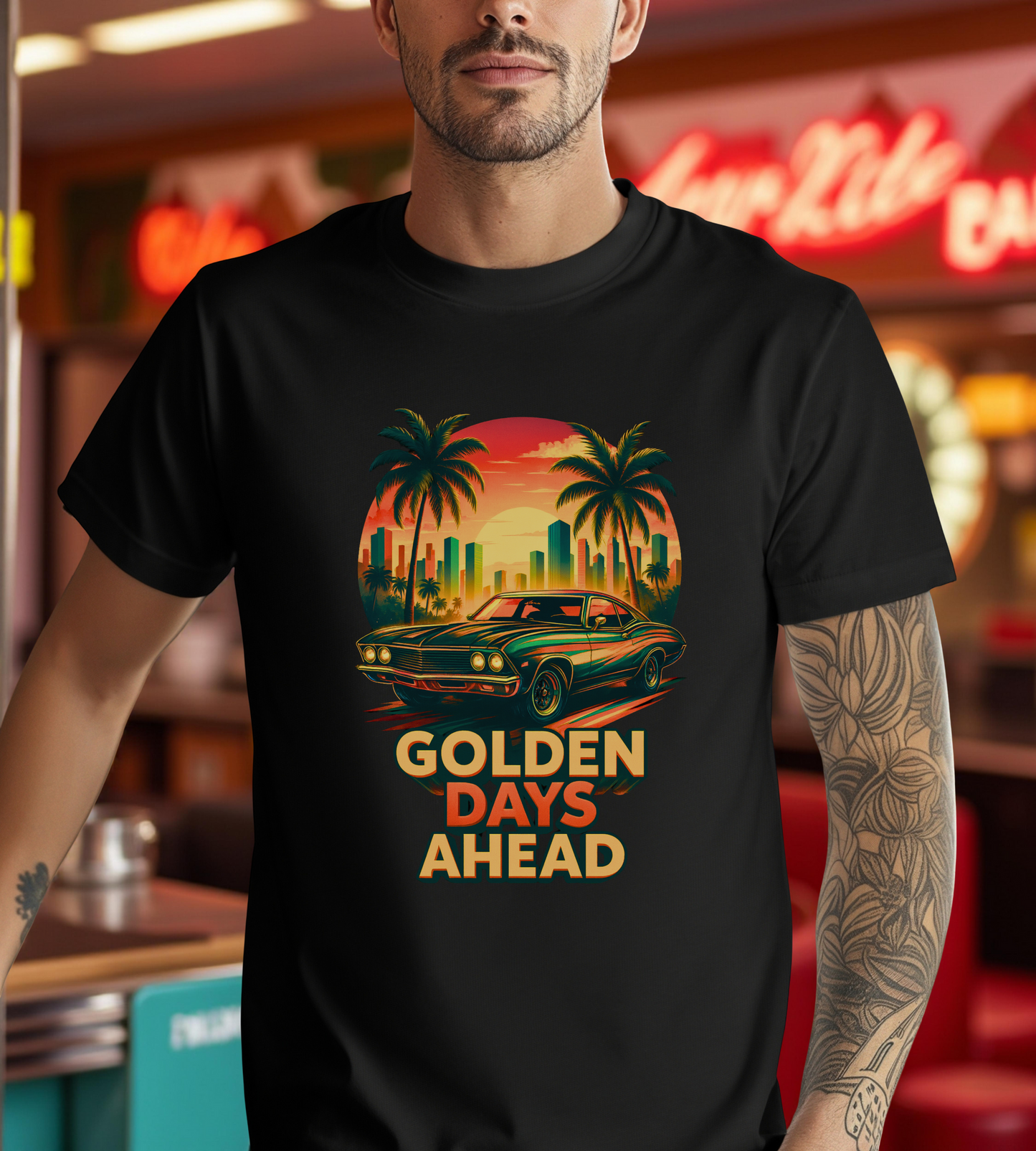Retro Sunset Muscle Car T-Shirt, Vintage Skyline Graphic Tee, Unisex Jersey Tee, Golden Days Ahead Shirt, Bella Canvas 3001