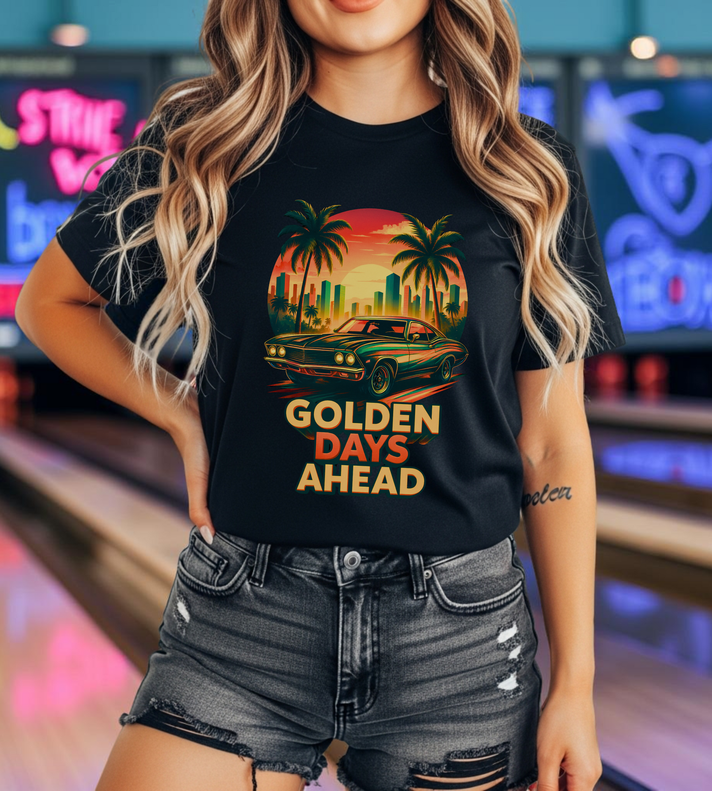 Retro Sunset Muscle Car T-Shirt, Vintage Skyline Graphic Tee, Unisex Jersey Tee, Golden Days Ahead Shirt, Bella Canvas 3001