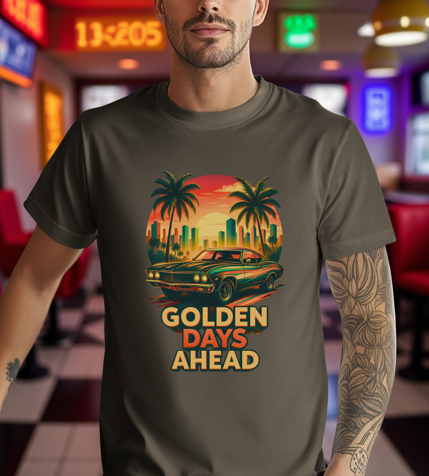 Retro Sunset Muscle Car T-Shirt, Vintage Skyline Graphic Tee, Unisex Jersey Tee, Golden Days Ahead Shirt, Bella Canvas 3001