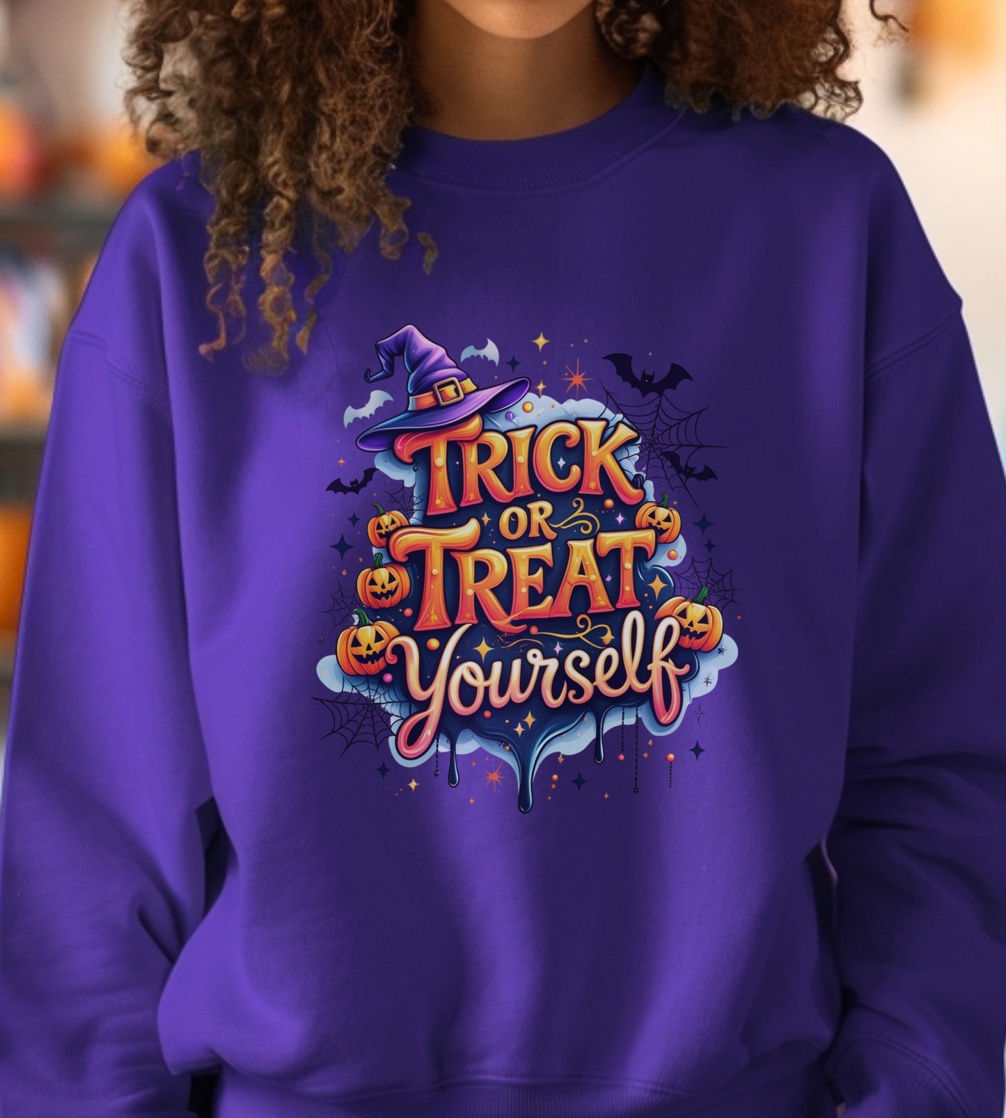 ''Trick or Treat Yourself'' Halloween Sweatshirt – Unisex Cozy Crewneck, Spooky Pumpkin & Witch Hat Graphic, Fall Aesthetic Pullover