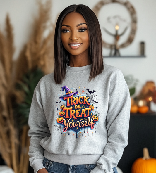 ''Trick or Treat Yourself'' Halloween Sweatshirt – Unisex Cozy Crewneck, Spooky Pumpkin & Witch Hat Graphic, Fall Aesthetic Pullover