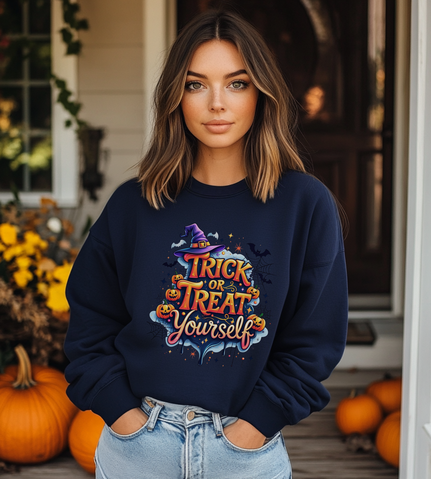 ''Trick or Treat Yourself'' Halloween Sweatshirt – Unisex Cozy Crewneck, Spooky Pumpkin & Witch Hat Graphic, Fall Aesthetic Pullover