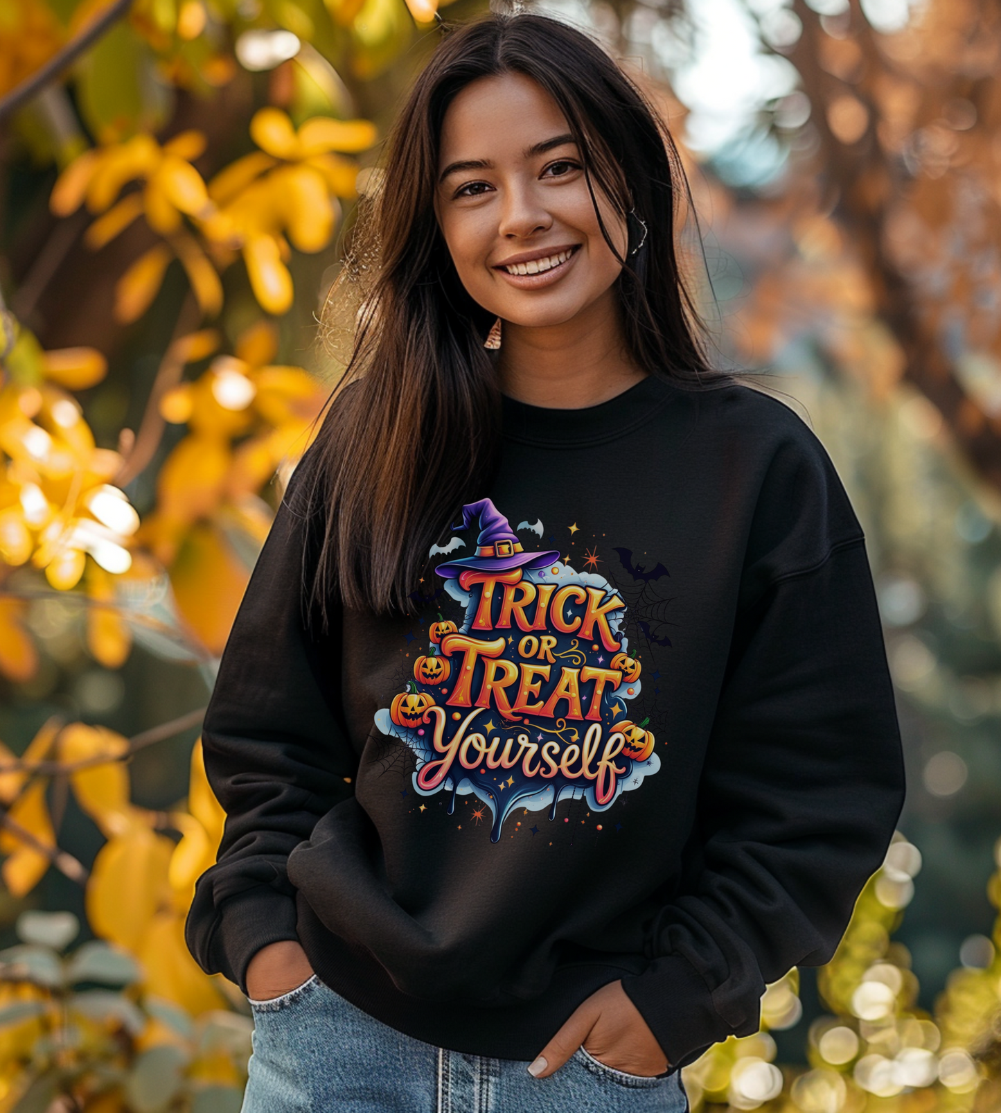 ''Trick or Treat Yourself'' Halloween Sweatshirt – Unisex Cozy Crewneck, Spooky Pumpkin & Witch Hat Graphic, Fall Aesthetic Pullover