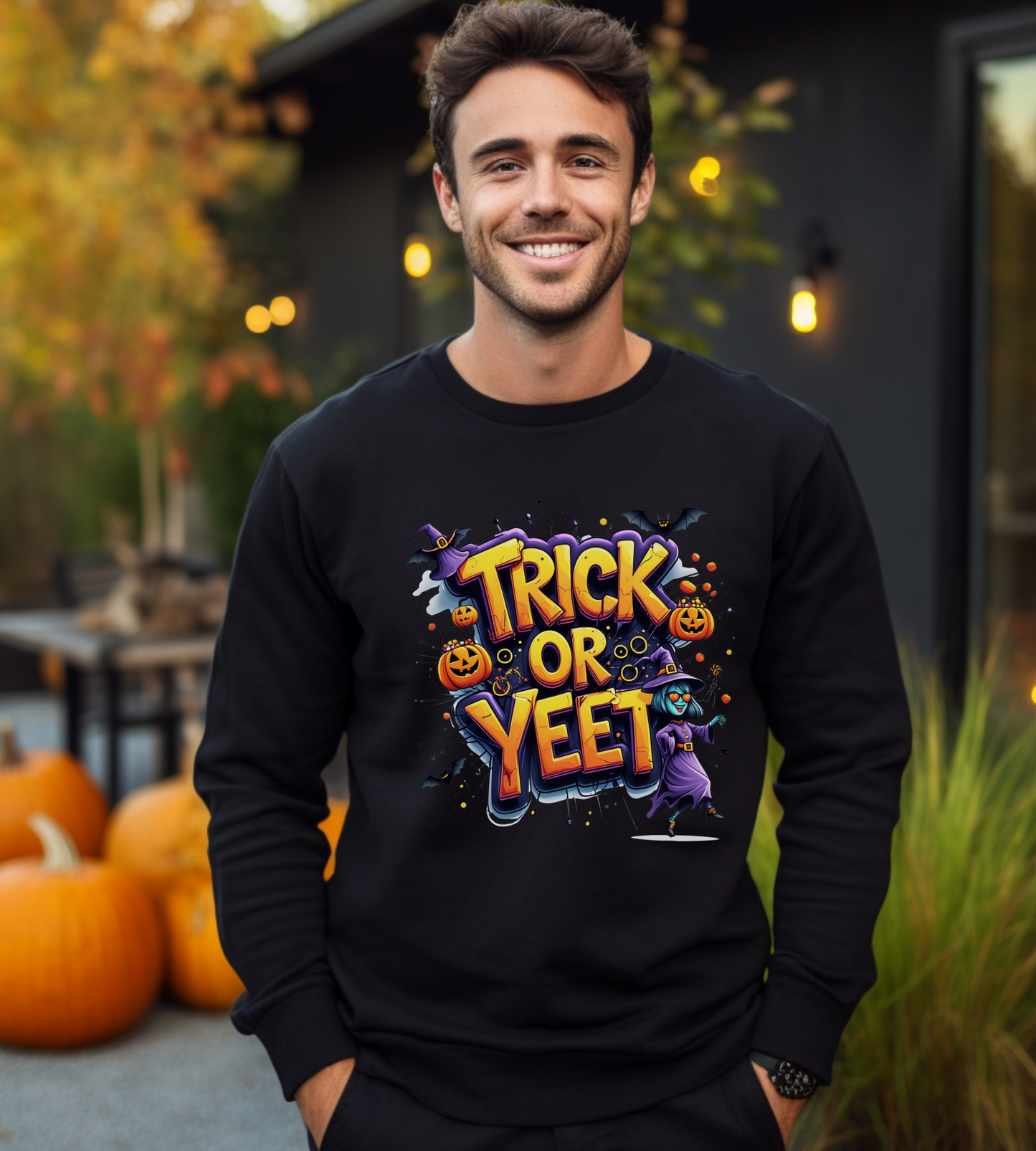 Trick or Yeet Unisex Heavy Blend Crewneck Sweatshirt – Funny Witch & Pumpkin Halloween Pullover