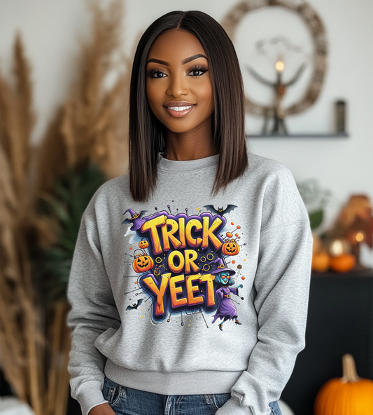 Trick or Yeet Unisex Heavy Blend Crewneck Sweatshirt – Funny Witch & Pumpkin Halloween Pullover