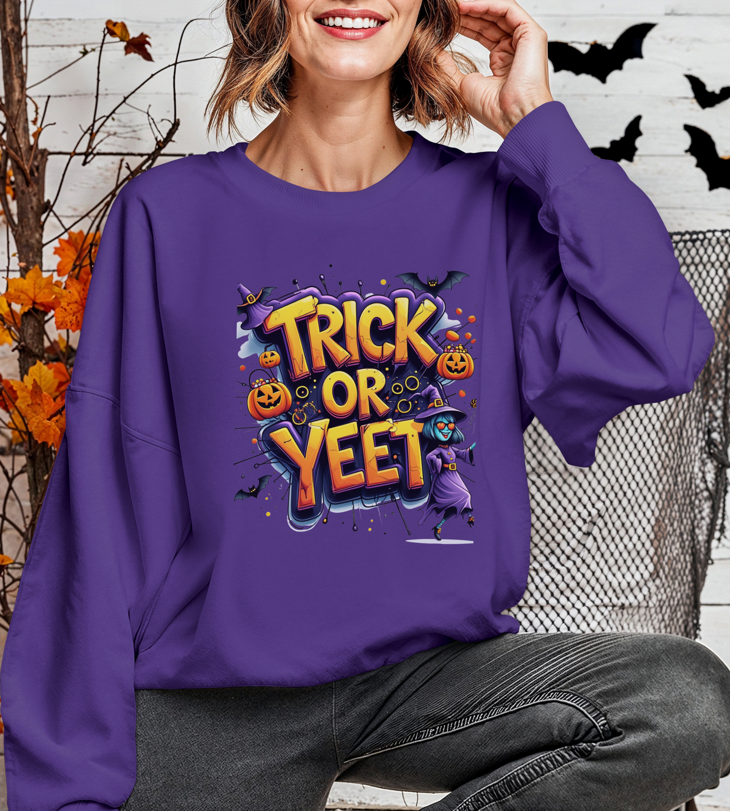 Trick or Yeet Unisex Heavy Blend Crewneck Sweatshirt – Funny Witch & Pumpkin Halloween Pullover