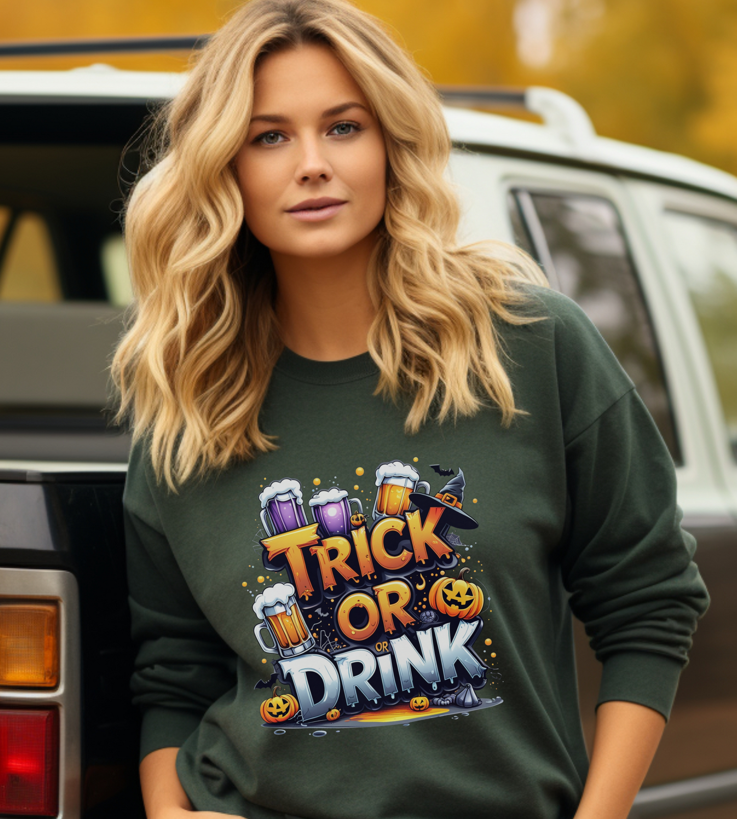 "Trick or Drink Halloween Sweatshirt – Unisex Cozy Crewneck, Spooky Season Fall Outfit, Funny Party Gift"