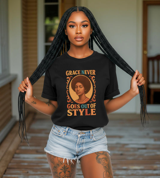 Grace Never Goes Out of Style Gildan 5000 Shirt - Retro Afro Woman Graphic Tee, Vintage 70s Aesthetic T-Shirt, Quote Top