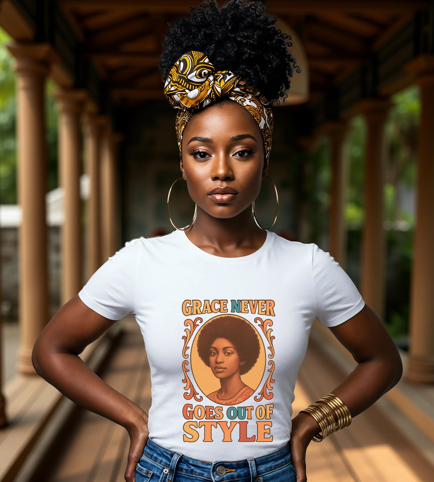 Grace Never Goes Out of Style Gildan 5000 Shirt - Retro Afro Woman Graphic Tee, Vintage 70s Aesthetic T-Shirt, Quote Top
