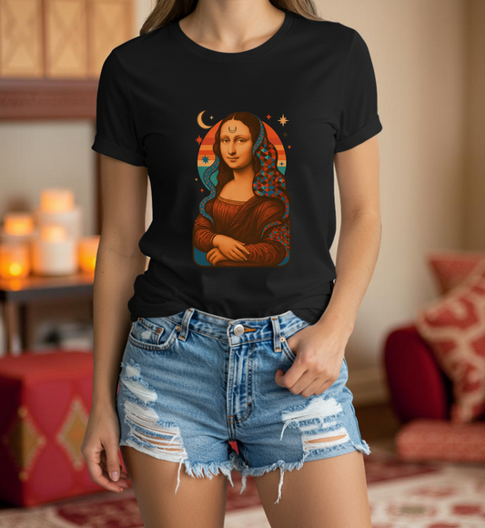 Psychedelic Mona Lisa Gildan 5000 Shirt - Trippy Retro Art Graphic Tee, Colorful Geometric Celestial Design, Vintage Aesthetic T-Shirt