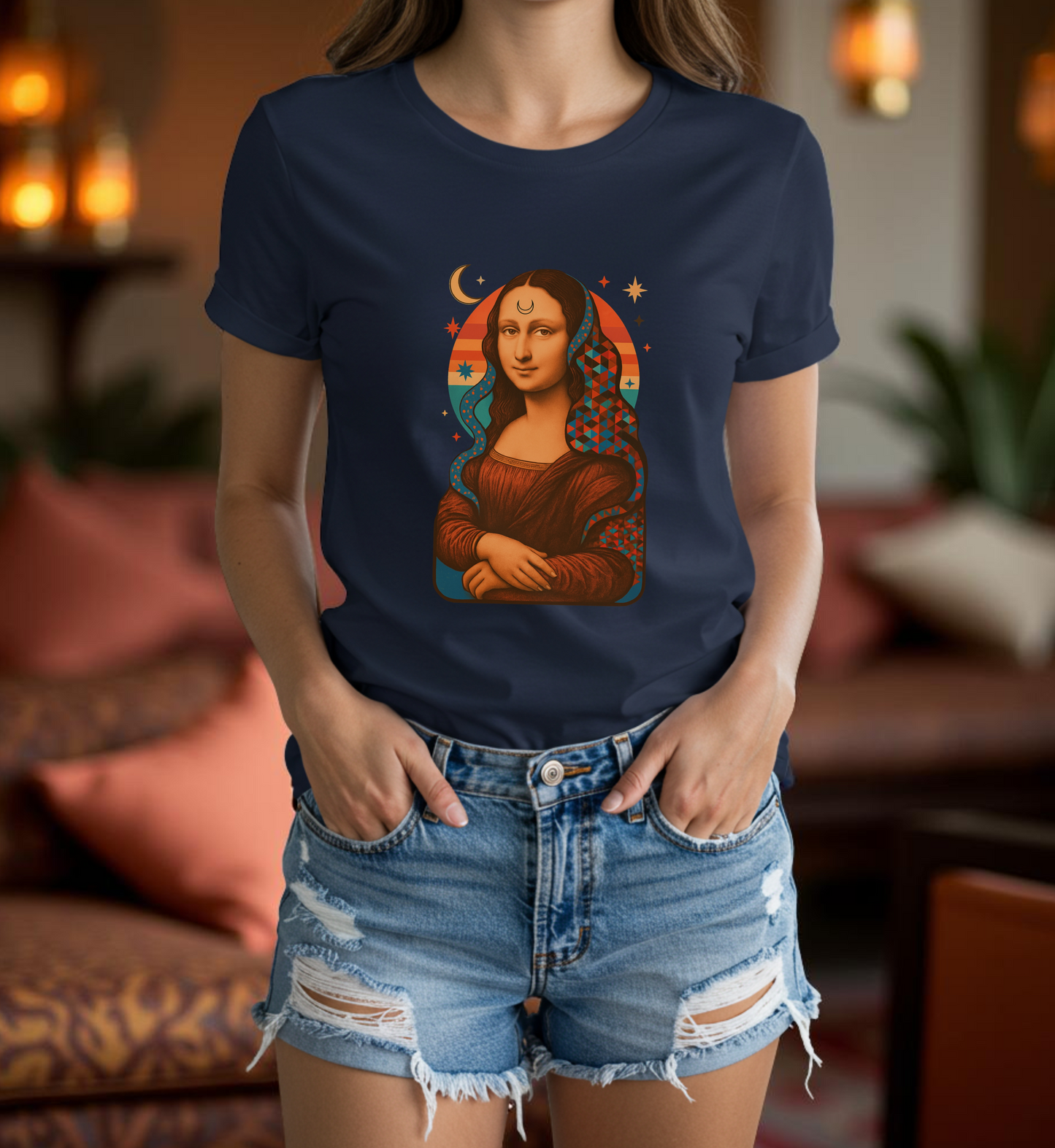 Psychedelic Mona Lisa Gildan 5000 Shirt - Trippy Retro Art Graphic Tee, Colorful Geometric Celestial Design, Vintage Aesthetic T-Shirt