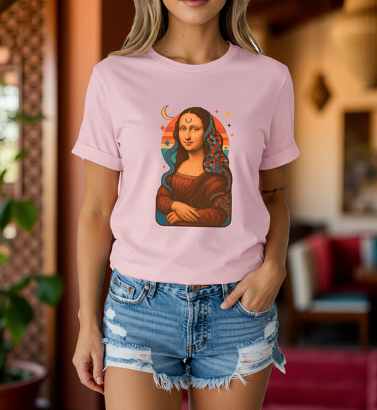 Psychedelic Mona Lisa Gildan 5000 Shirt - Trippy Retro Art Graphic Tee, Colorful Geometric Celestial Design, Vintage Aesthetic T-Shirt