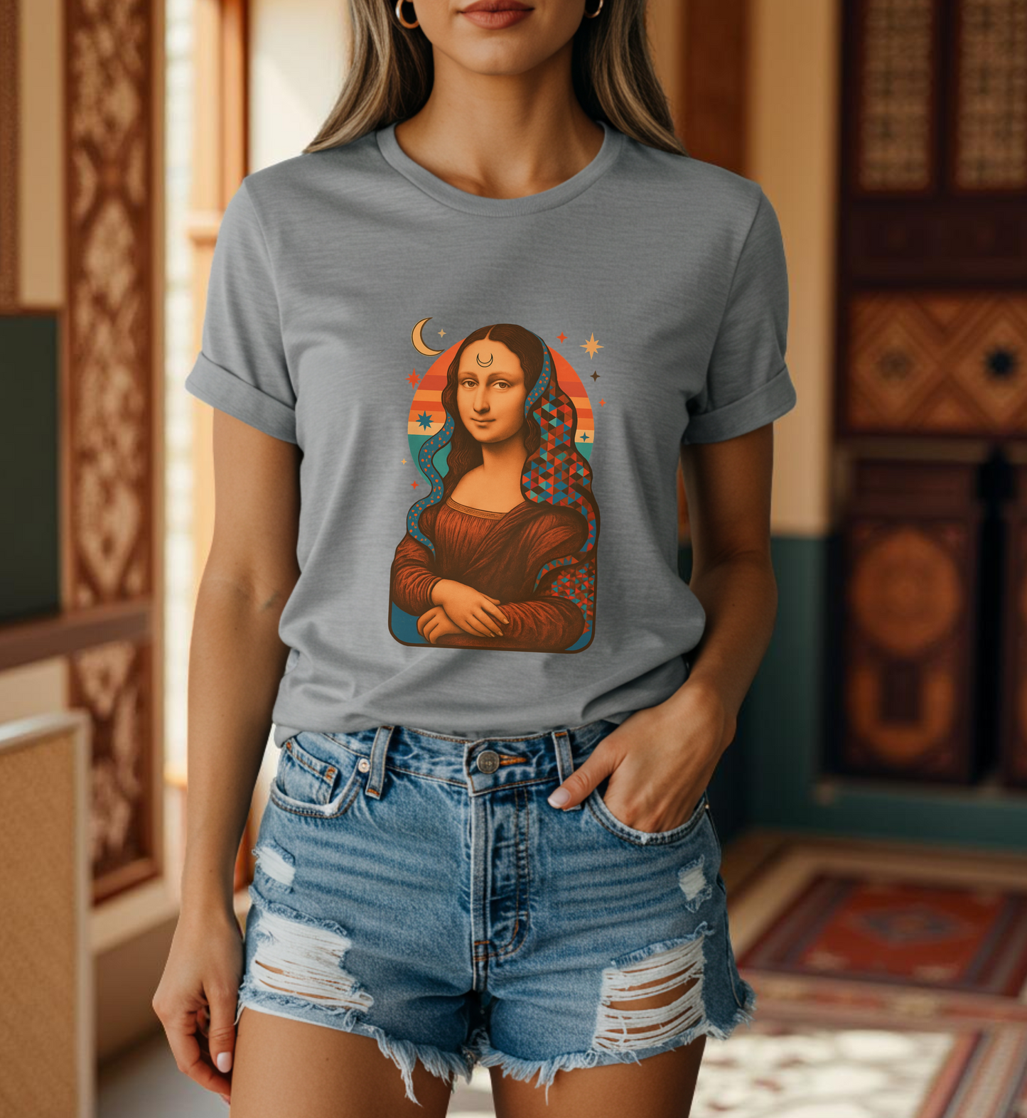 Psychedelic Mona Lisa Gildan 5000 Shirt - Trippy Retro Art Graphic Tee, Colorful Geometric Celestial Design, Vintage Aesthetic T-Shirt