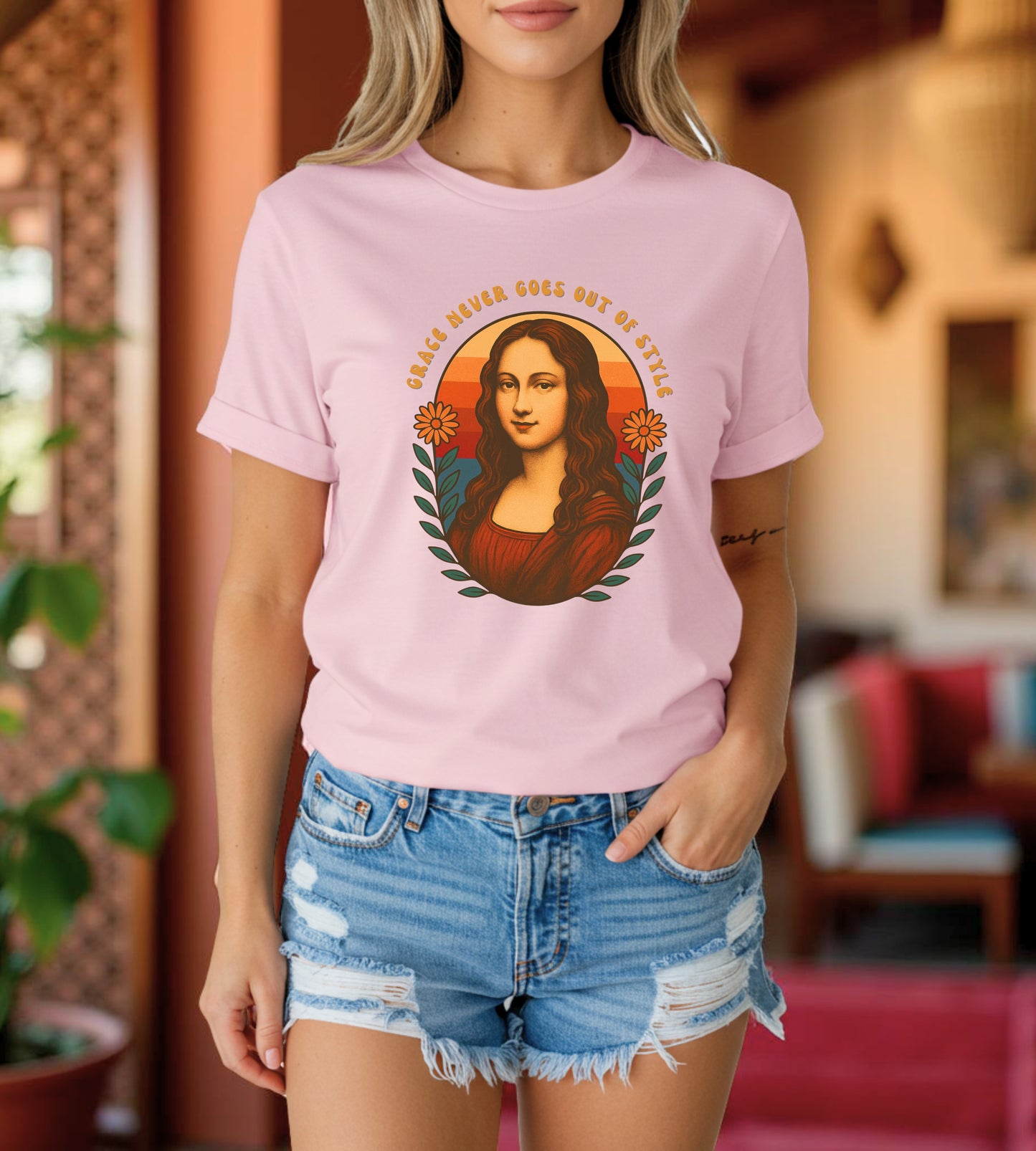 Retro Mona Lisa Unisex Heavy Cotton Tee - Vintage Aesthetic Graphic Shirt, 70s Art Tee, Trendy Gildan 5000 Top, Grace Never Goes Out of