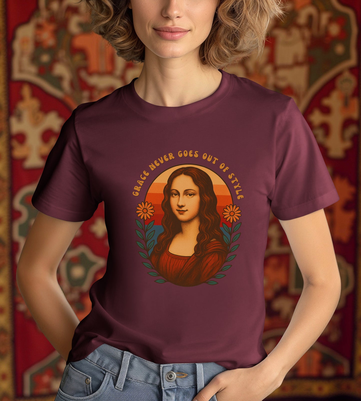 Retro Mona Lisa Unisex Heavy Cotton Tee - Vintage Aesthetic Graphic Shirt, 70s Art Tee, Trendy Gildan 5000 Top, Grace Never Goes Out of
