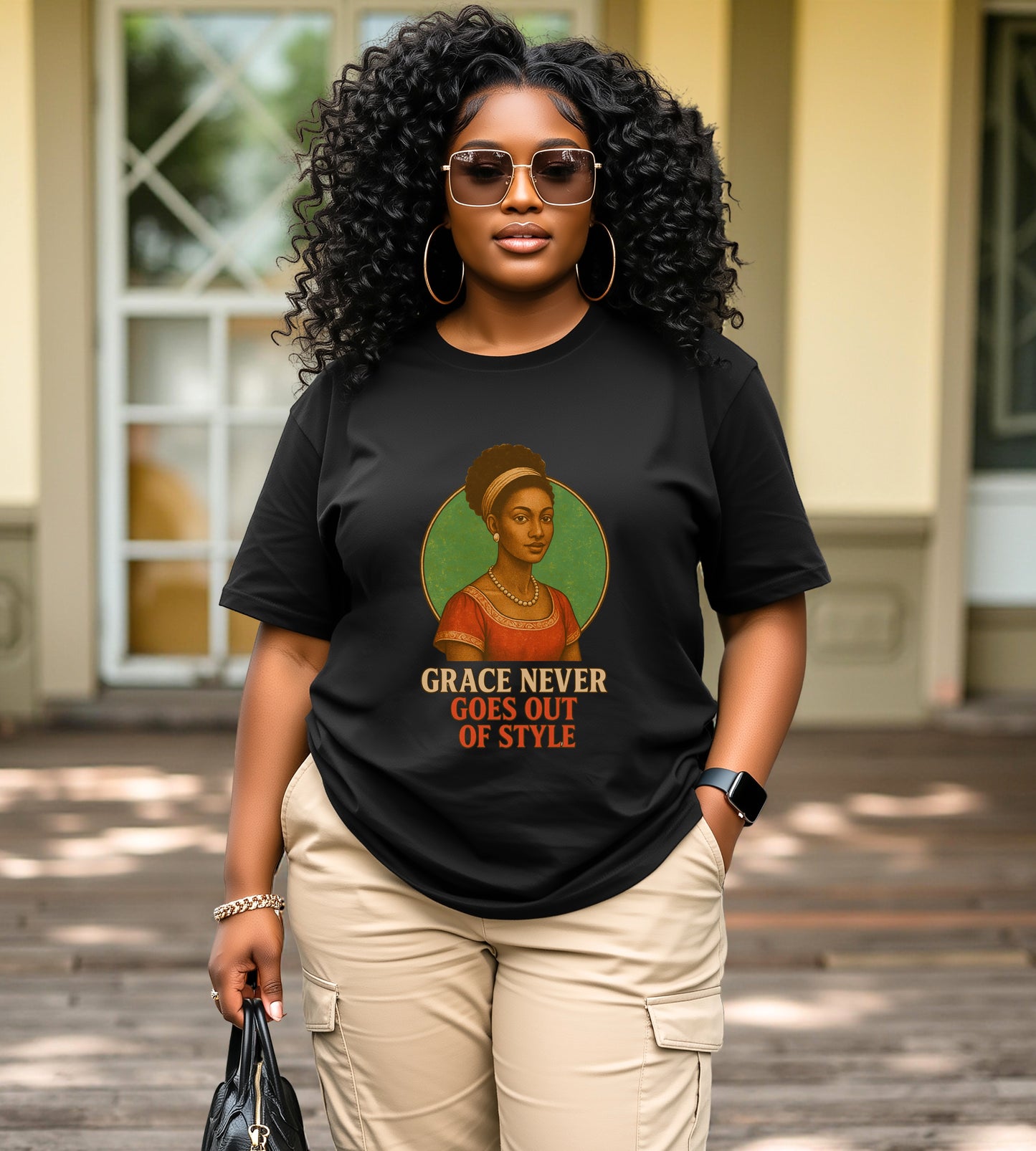 Grace Never Goes Out of Style Gildan 5000 Shirt - Retro Vintage Afro Woman Graphic Tee, 70s Aesthetic Inspirational Quote T-Shirt