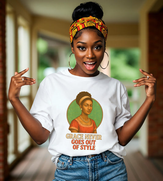 Grace Never Goes Out of Style Gildan 5000 Shirt - Retro Vintage Afro Woman Graphic Tee, 70s Aesthetic Inspirational Quote T-Shirt