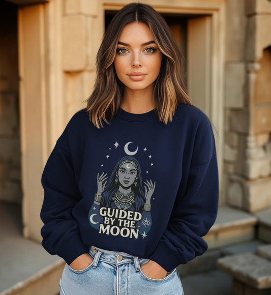 Guided by the Moon Sweatshirt, Mystical Celestial Graphic Pullover, Spiritual Astrology Unisex Cozy Top, Moon Phase Witchy Gift, Moon Lover