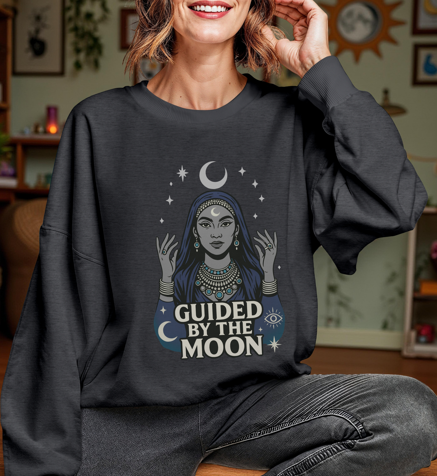 Guided by the Moon Sweatshirt, Mystical Celestial Graphic Pullover, Spiritual Astrology Unisex Cozy Top, Moon Phase Witchy Gift, Moon Lover