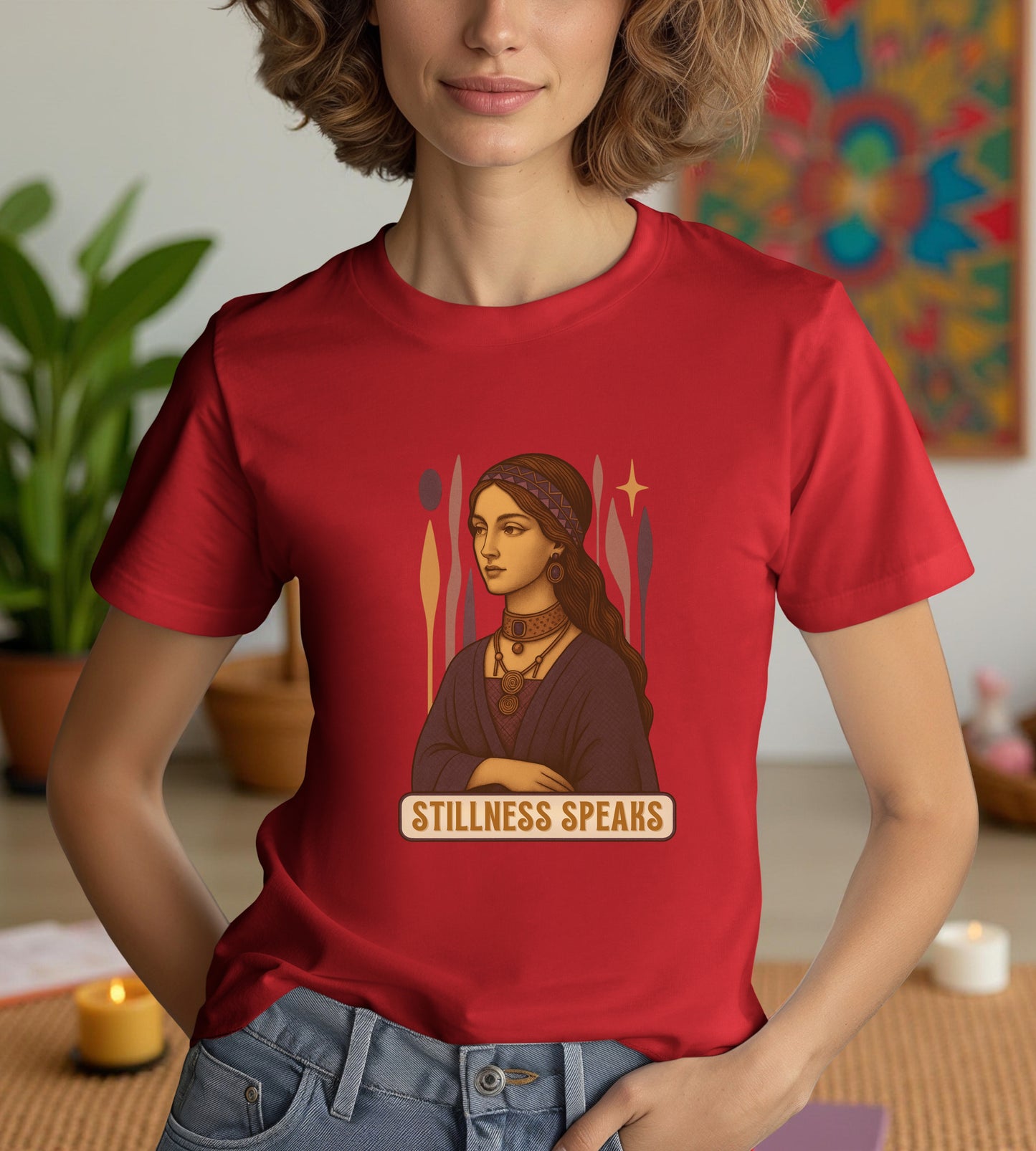 Vintage Mystic Woman Stillness Speaks T-Shirt, Retro Boho Aesthetic Top, Spiritual Graphic Tee, Mindfulness Yoga Gift, Unisex Heavy Cotton