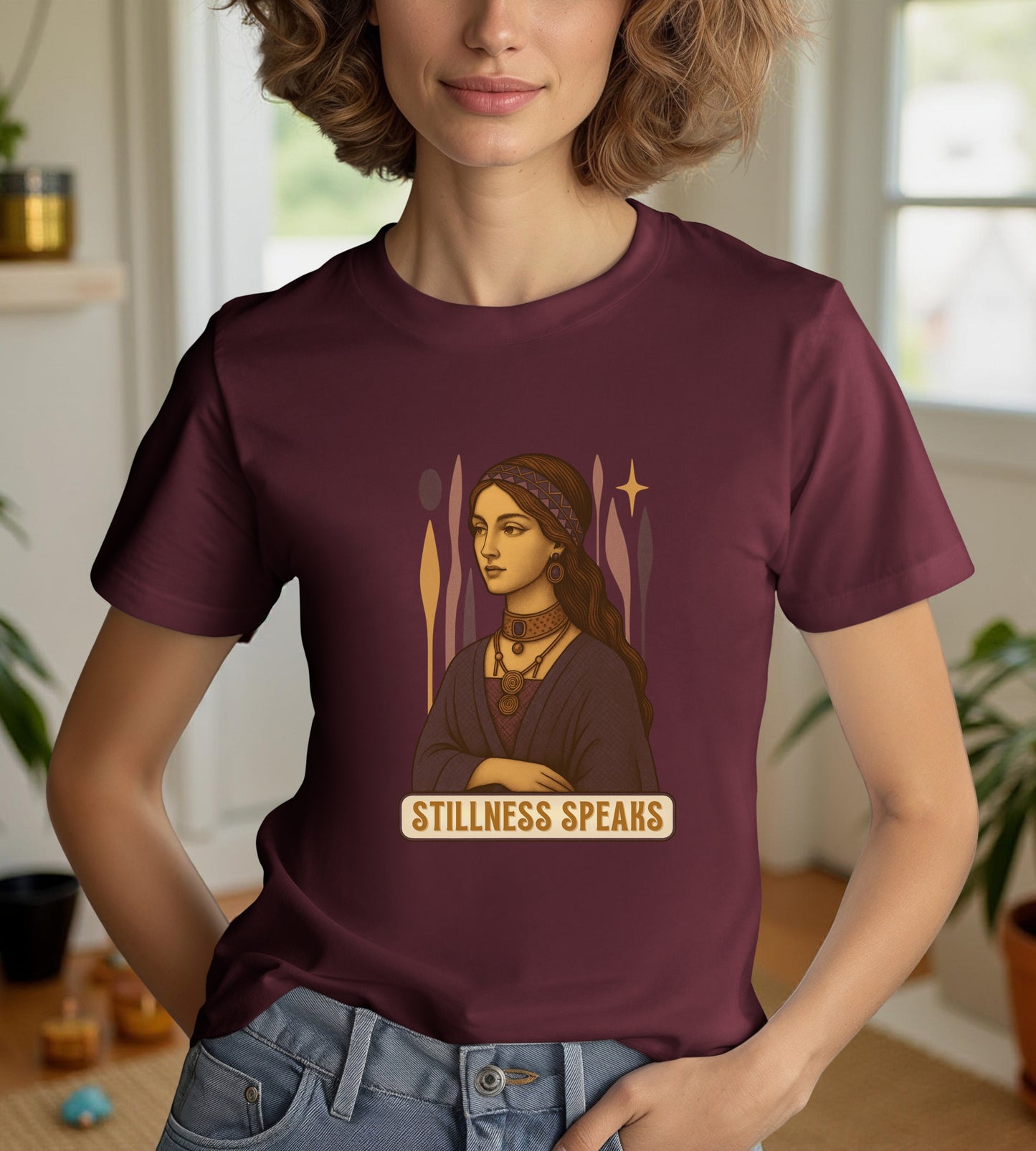 Vintage Mystic Woman Stillness Speaks T-Shirt, Retro Boho Aesthetic Top, Spiritual Graphic Tee, Mindfulness Yoga Gift, Unisex Heavy Cotton