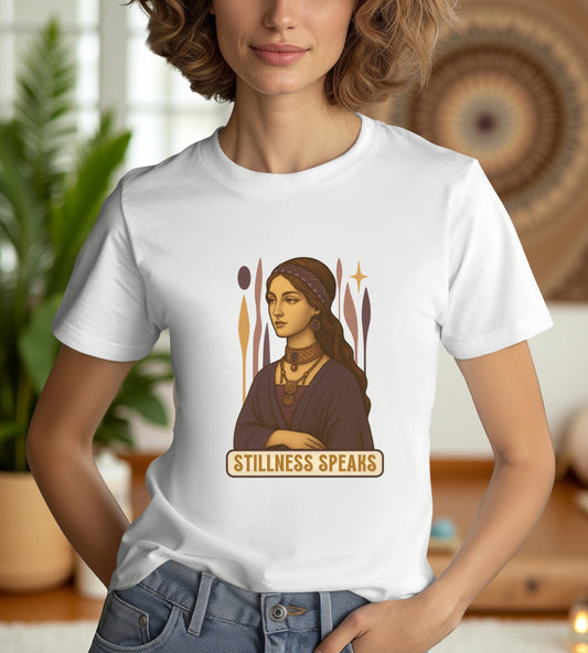 Vintage Mystic Woman Stillness Speaks T-Shirt, Retro Boho Aesthetic Top, Spiritual Graphic Tee, Mindfulness Yoga Gift, Unisex Heavy Cotton