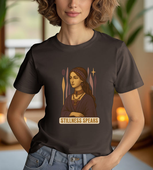 Vintage Mystic Woman Stillness Speaks T-Shirt, Retro Boho Aesthetic Top, Spiritual Graphic Tee, Mindfulness Yoga Gift, Unisex Heavy Cotton