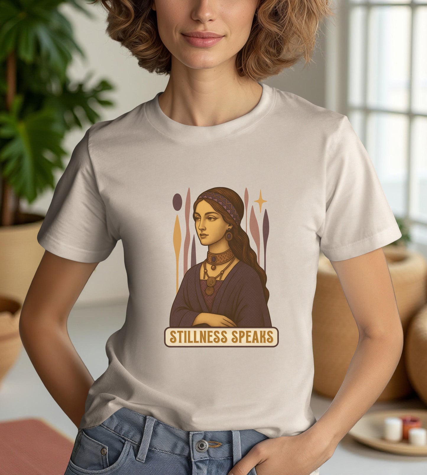 Vintage Mystic Woman Stillness Speaks T-Shirt, Retro Boho Aesthetic Top, Spiritual Graphic Tee, Mindfulness Yoga Gift, Unisex Heavy Cotton