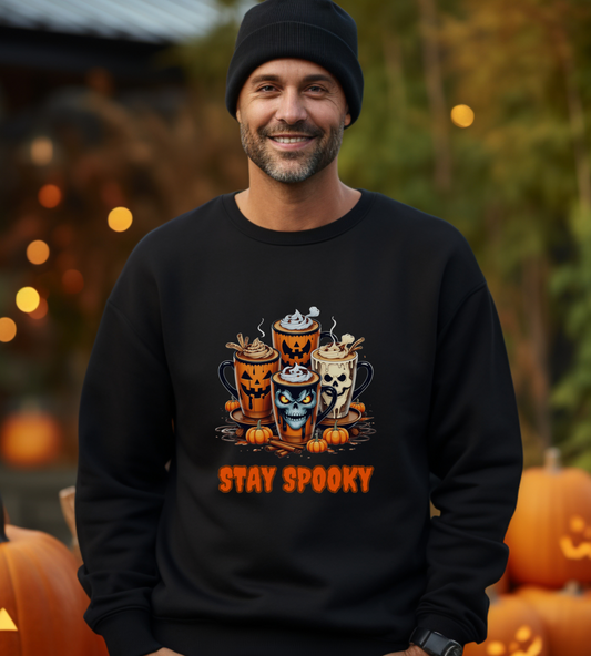 "Stay Spooky Halloween Coffee Cup Sweatshirt – Cozy Gildan Crewneck for Fall & Pumpkin Lovers"