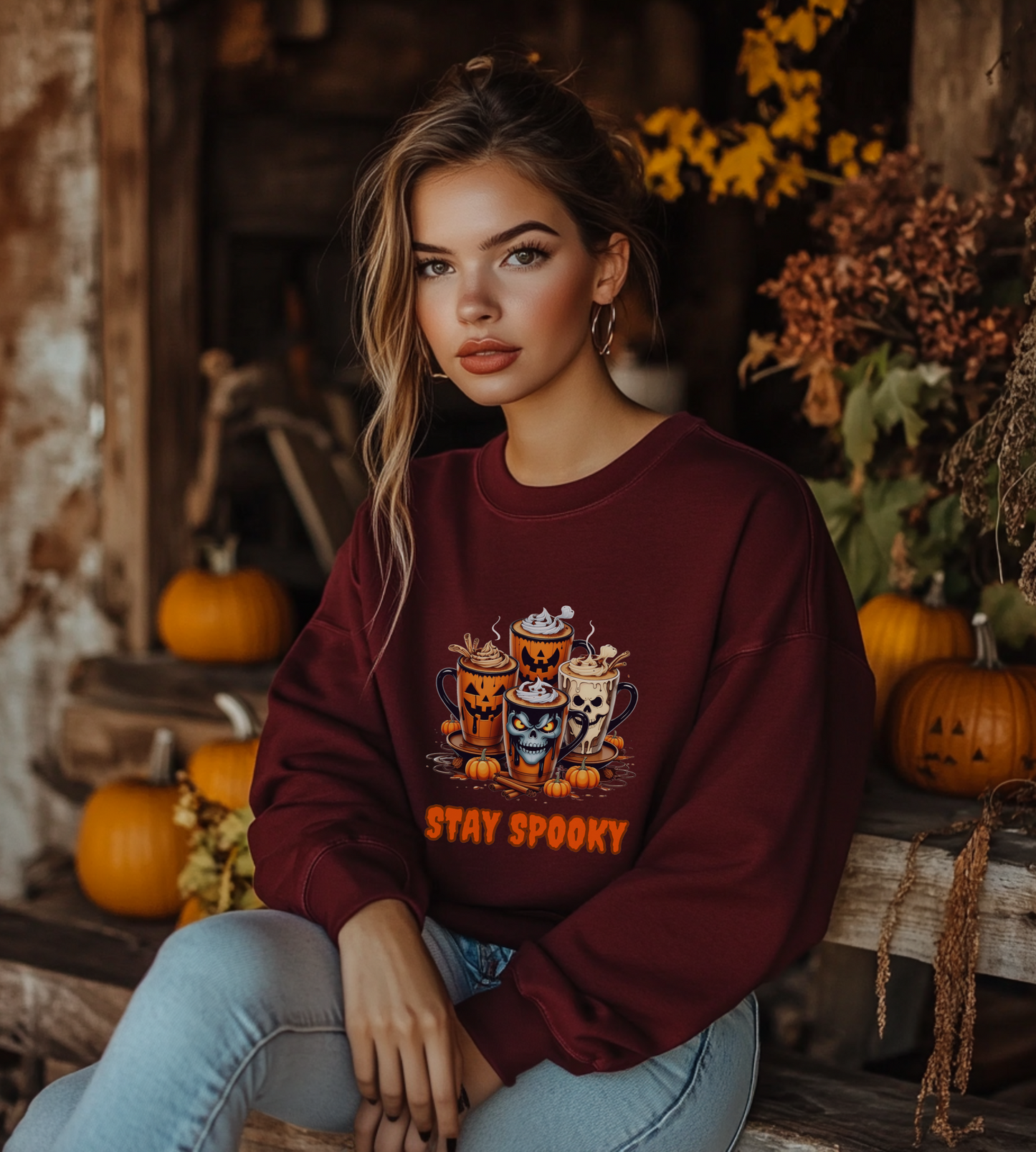 "Stay Spooky Halloween Coffee Cup Sweatshirt – Cozy Gildan Crewneck for Fall & Pumpkin Lovers"