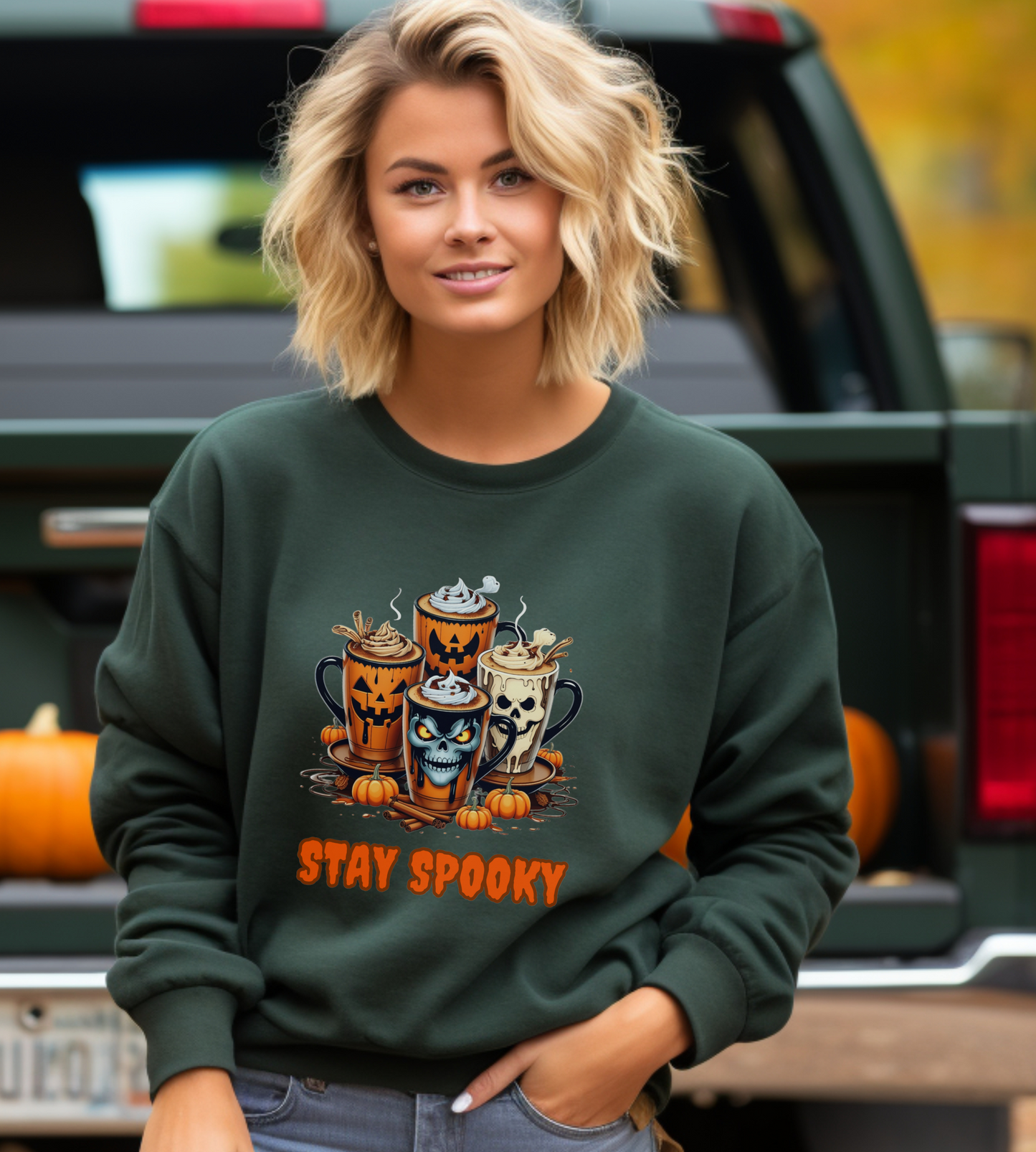 "Stay Spooky Halloween Coffee Cup Sweatshirt – Cozy Gildan Crewneck for Fall & Pumpkin Lovers"