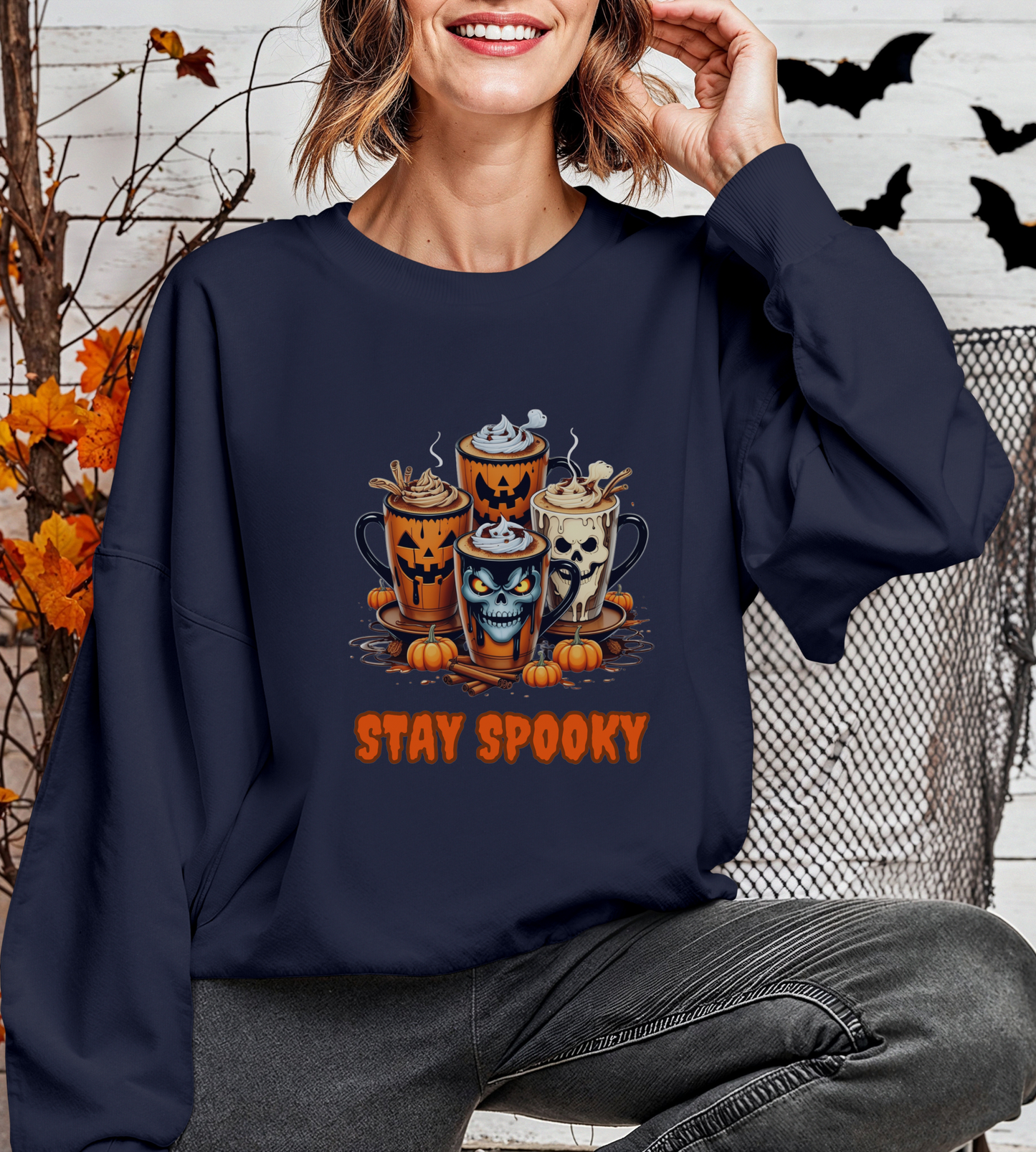 "Stay Spooky Halloween Coffee Cup Sweatshirt – Cozy Gildan Crewneck for Fall & Pumpkin Lovers"