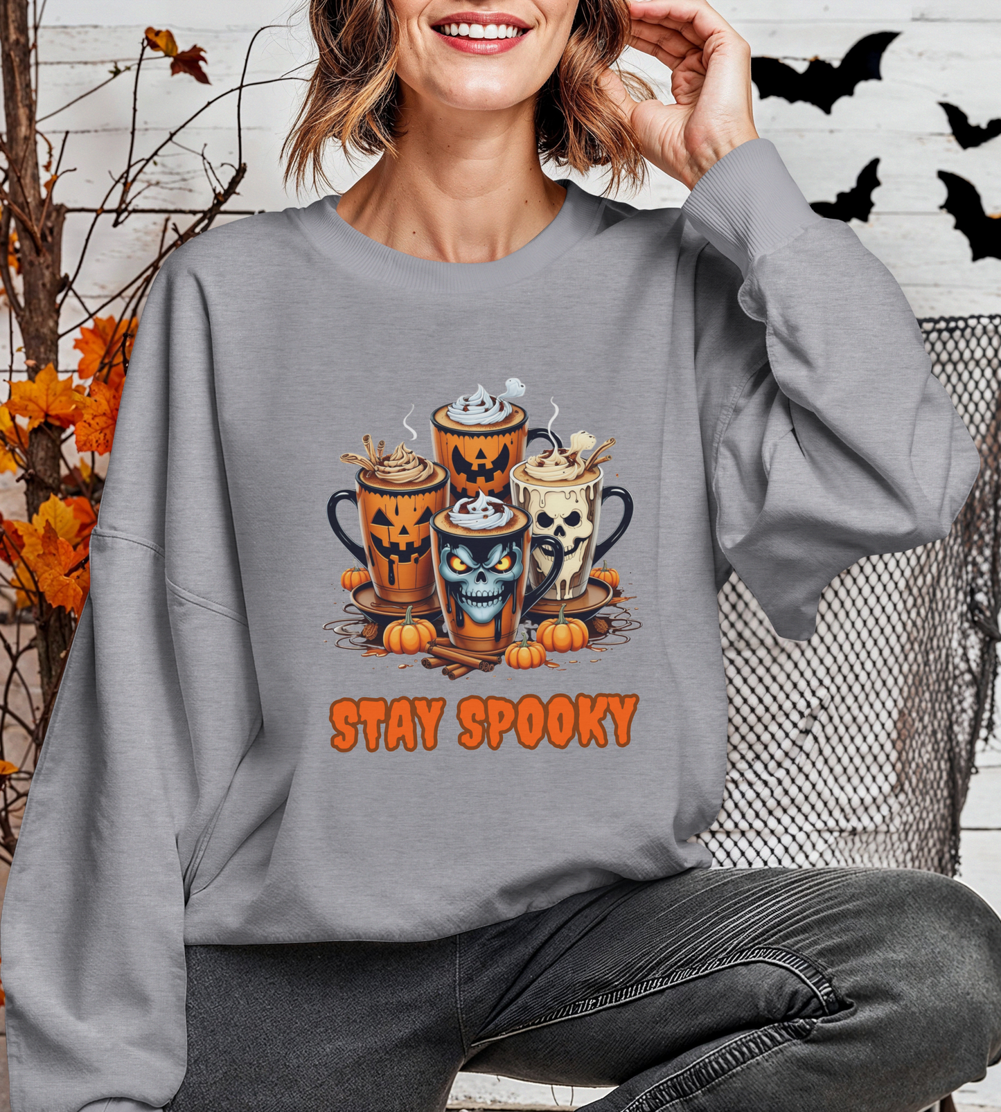 "Stay Spooky Halloween Coffee Cup Sweatshirt – Cozy Gildan Crewneck for Fall & Pumpkin Lovers"