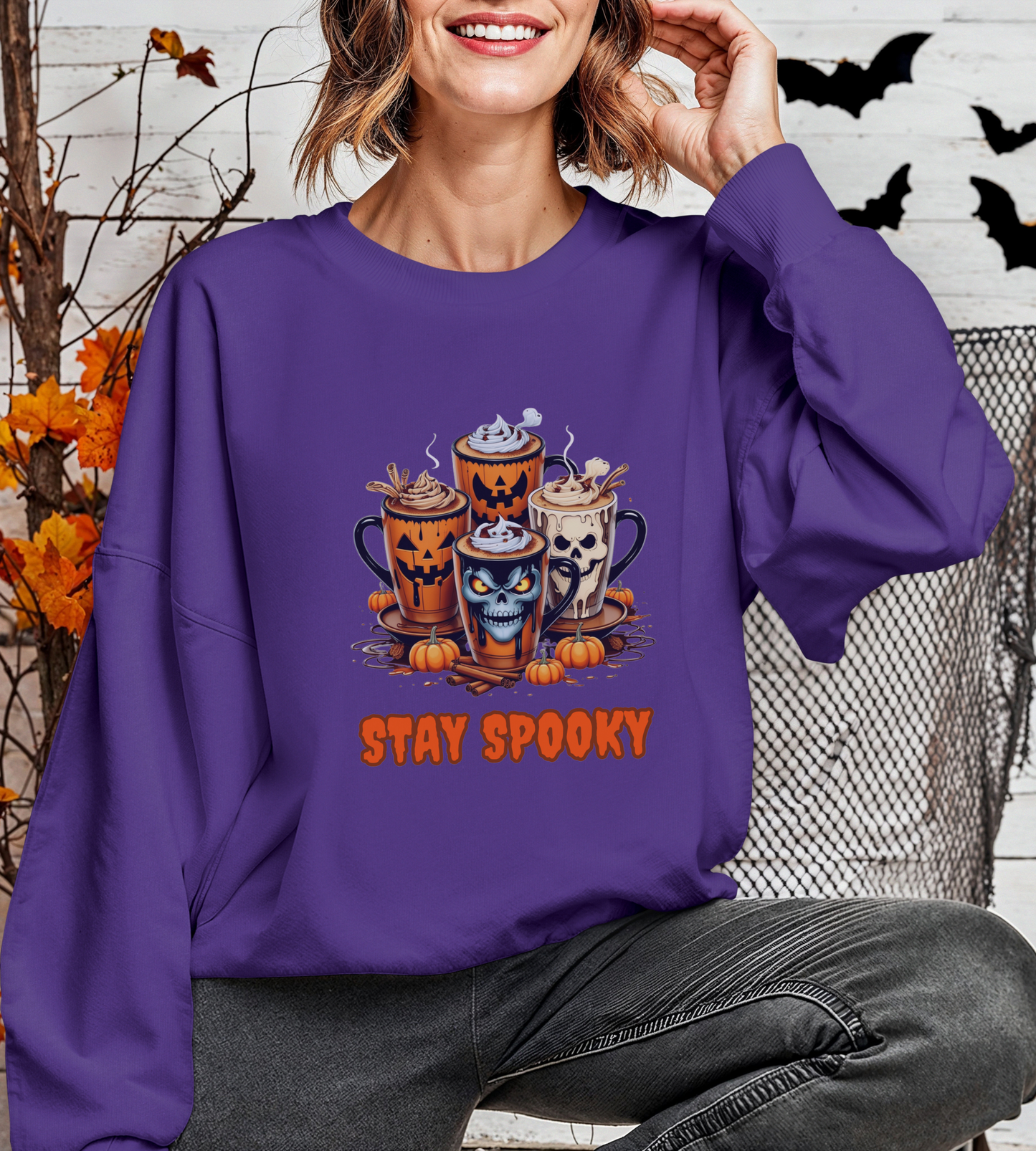 "Stay Spooky Halloween Coffee Cup Sweatshirt – Cozy Gildan Crewneck for Fall & Pumpkin Lovers"