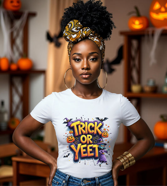 Trick or Yeet Halloween Shirt | Funny Witch Pumpkin Graphic Tee | Spooky Unisex Costume T-Shirt | Trendy Halloween Party Top