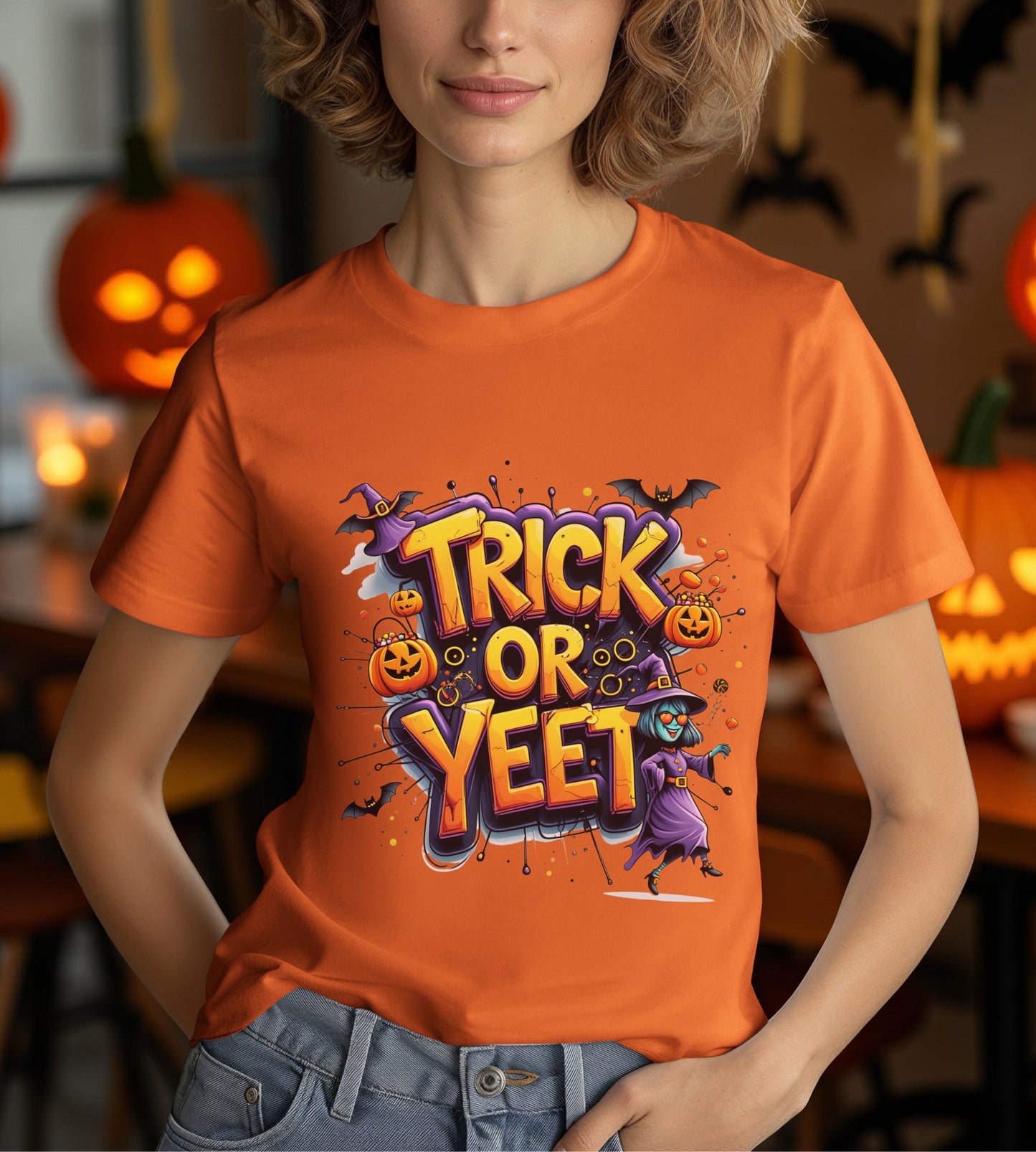 Trick or Yeet Halloween Shirt | Funny Witch Pumpkin Graphic Tee | Spooky Unisex Costume T-Shirt | Trendy Halloween Party Top
